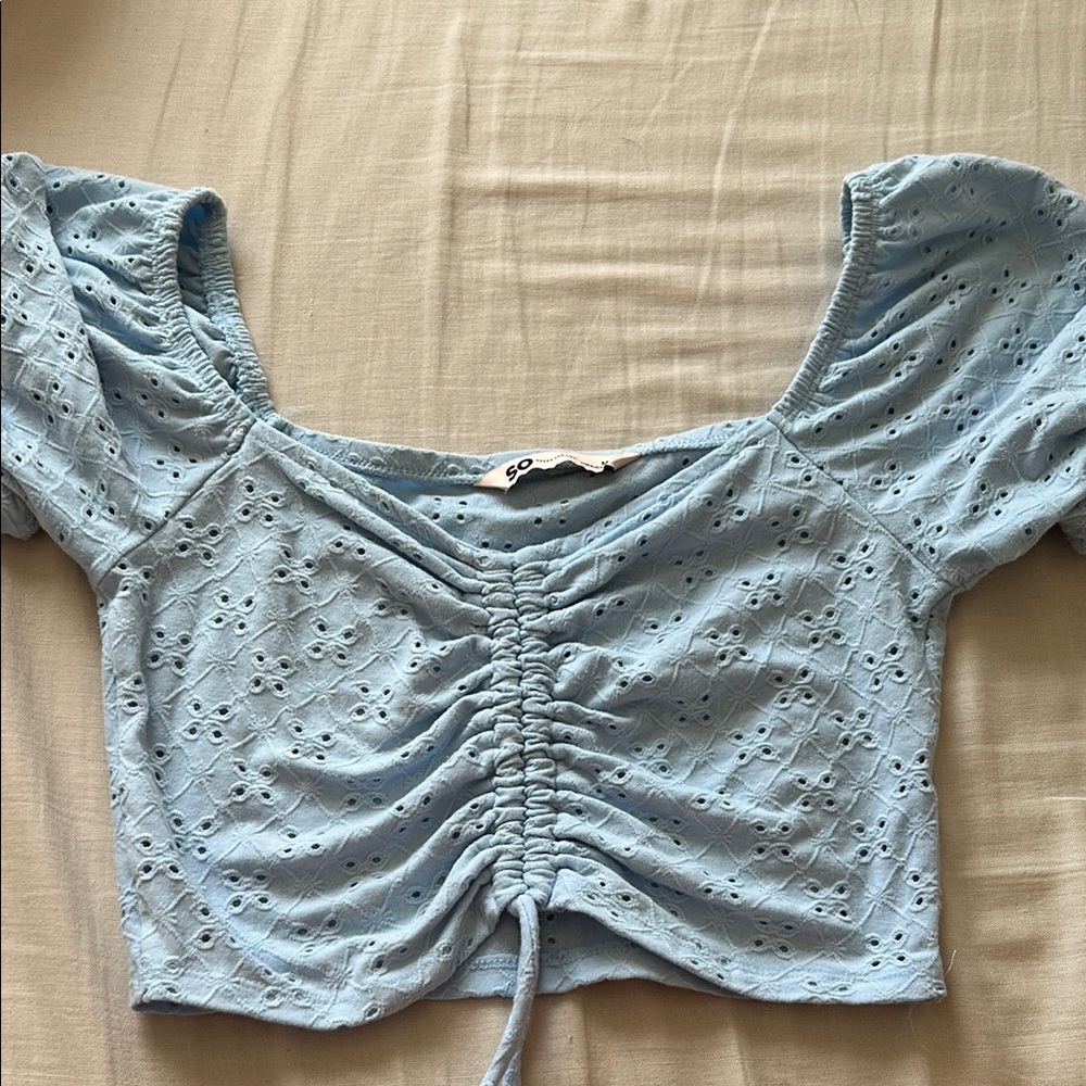 SO Light Blue Eyelet Ruched Blouse